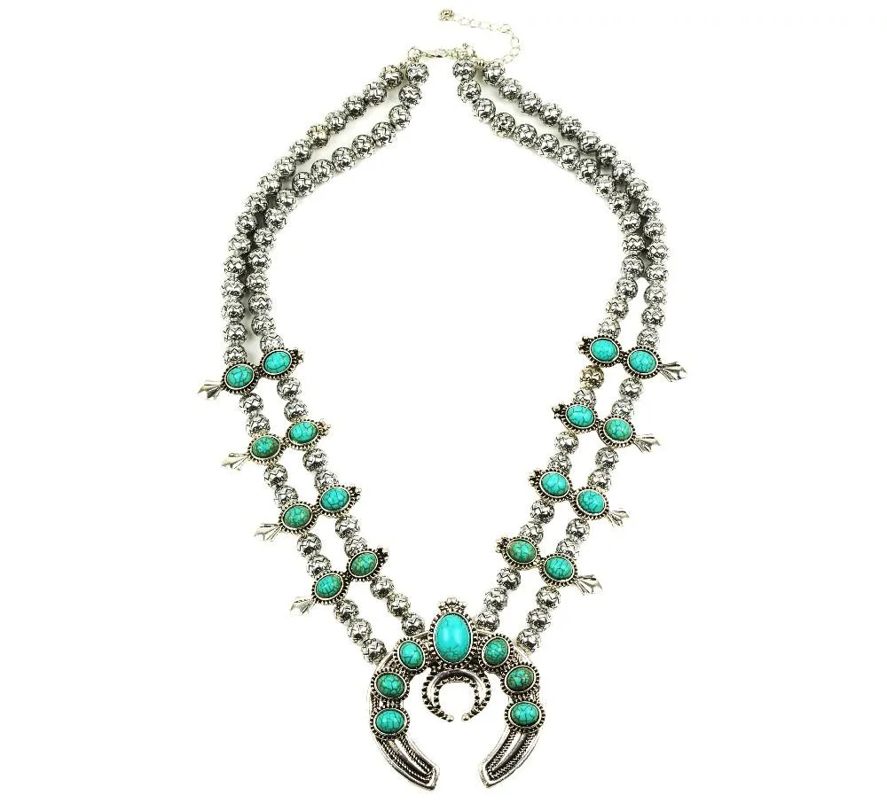 Silver Beaded Stone Double Layer Squash Blossom Statement Necklace