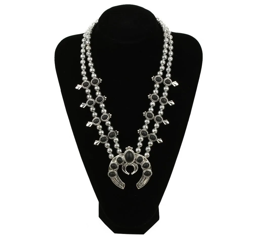 Silver Beaded Stone Double Layer Squash Blossom Statement Necklace