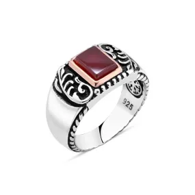 Small Square Red Agate Stone Silver Men's Ring Siding Branch Pattern