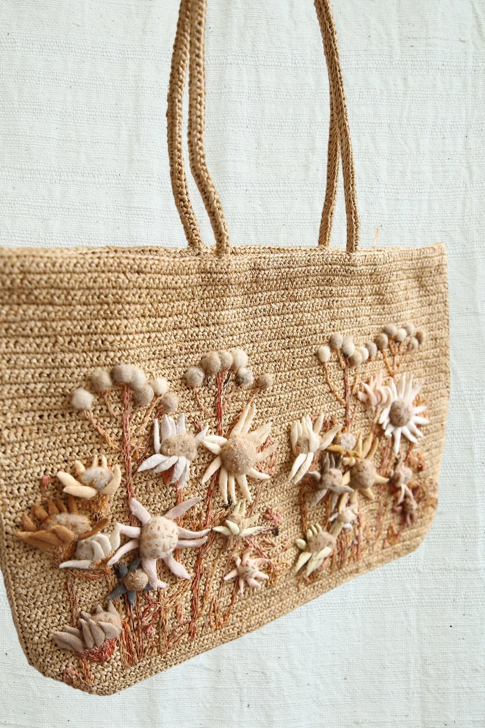 SOPHIE DIGARD FLANNEL FLOWER CROCHET RAFFIA BAG SESAME