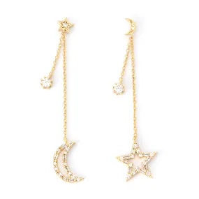 Tapered Baguette CZ Crescent Moon and Star Drop Earrings