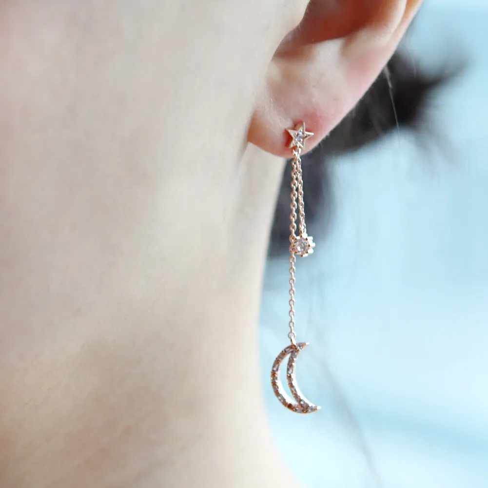 Tapered Baguette CZ Crescent Moon and Star Drop Earrings