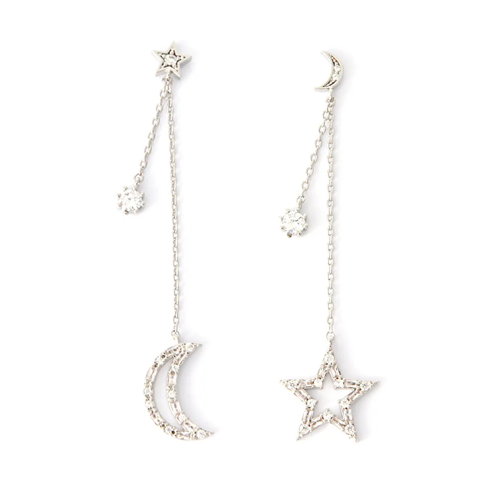 Tapered Baguette CZ Crescent Moon and Star Drop Earrings