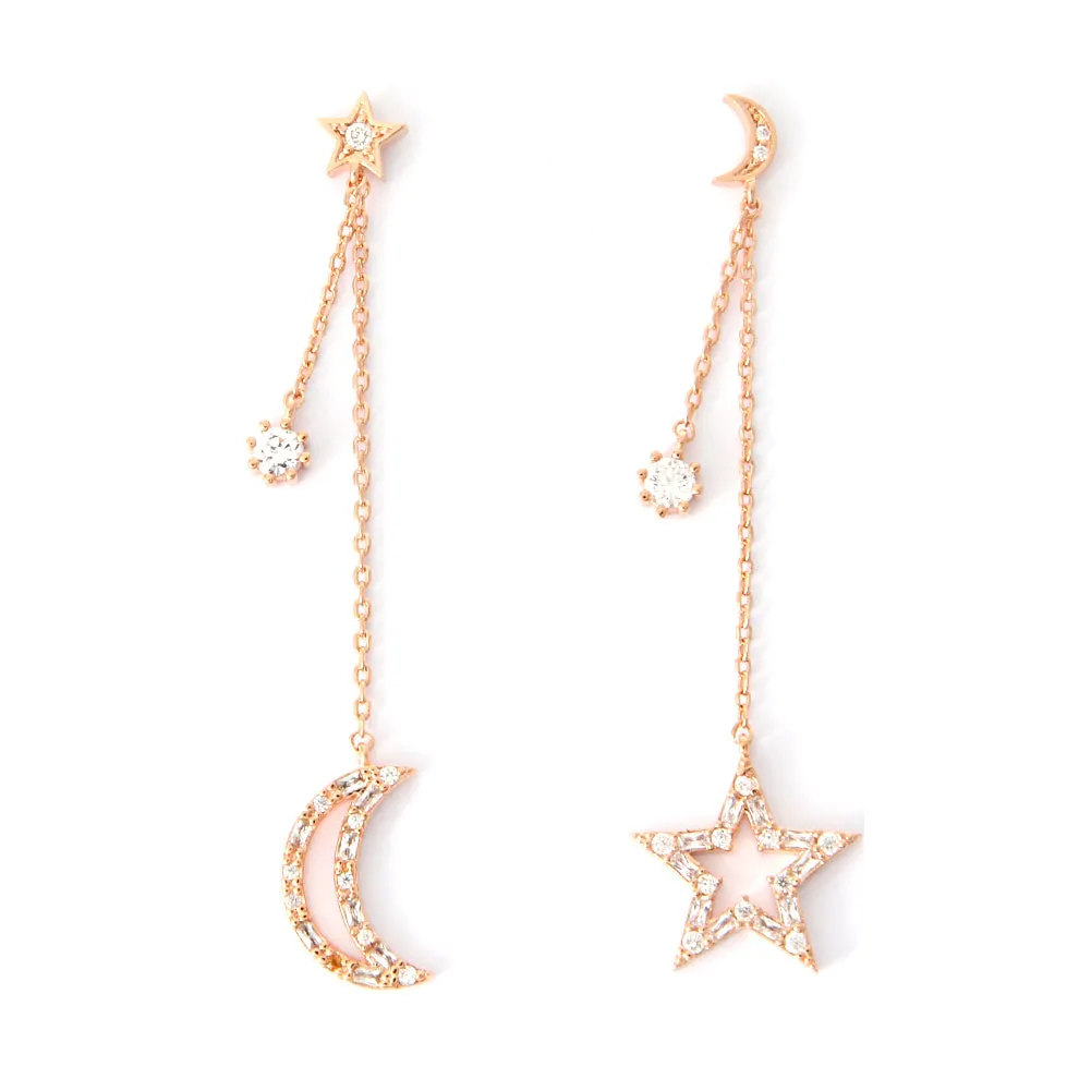 Tapered Baguette CZ Crescent Moon and Star Drop Earrings