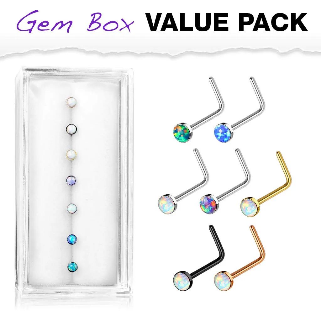 WILDKLASS 7 pcs Gem Box Value Pack Opal Set 316L Surgical Steel L Bend Nose Stud Rings